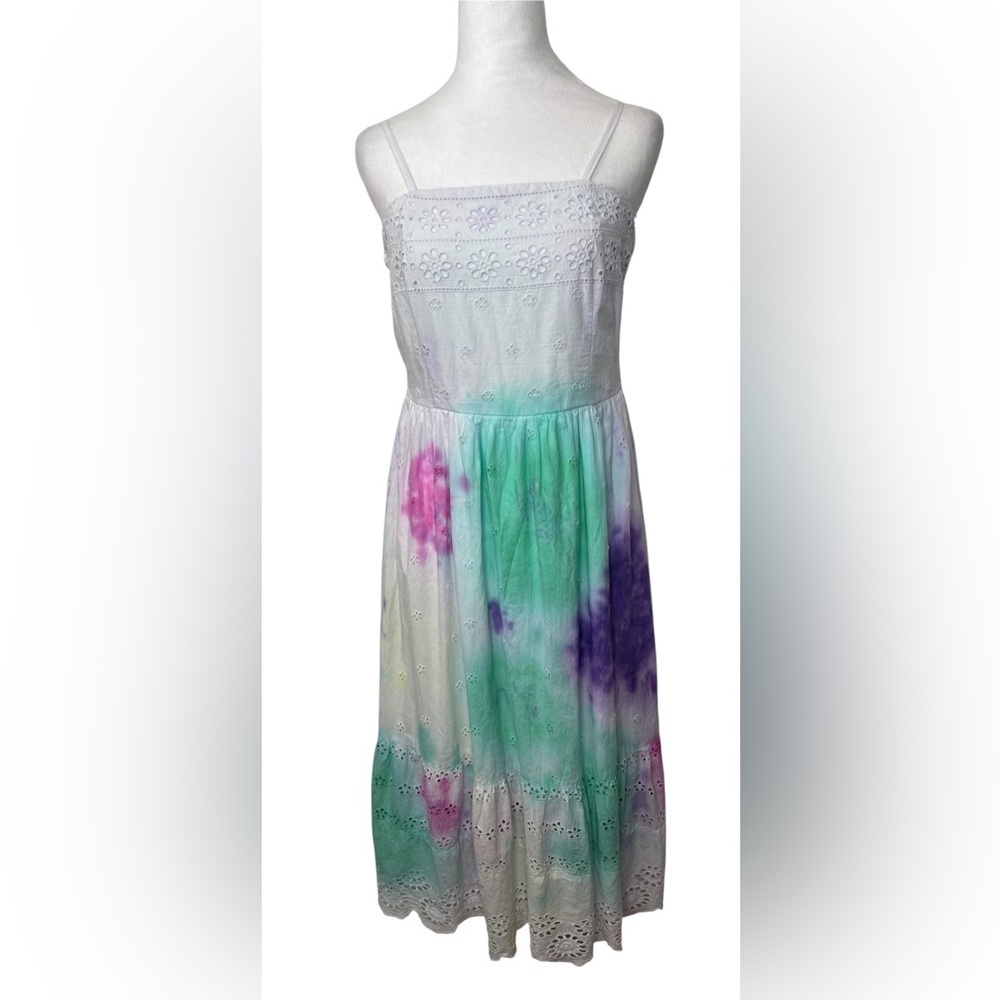 Pastel Tie Dye Eyelet Sundress Boho Coastal Cottagecore Midi Summer Vacation Lg - Picture 2 of 12